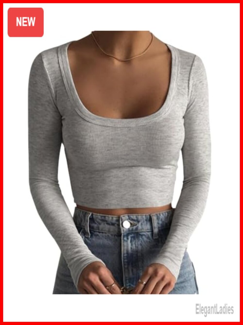 Women's Ribbed Knit Crop T-Shirt Long Sleeve Square Neck